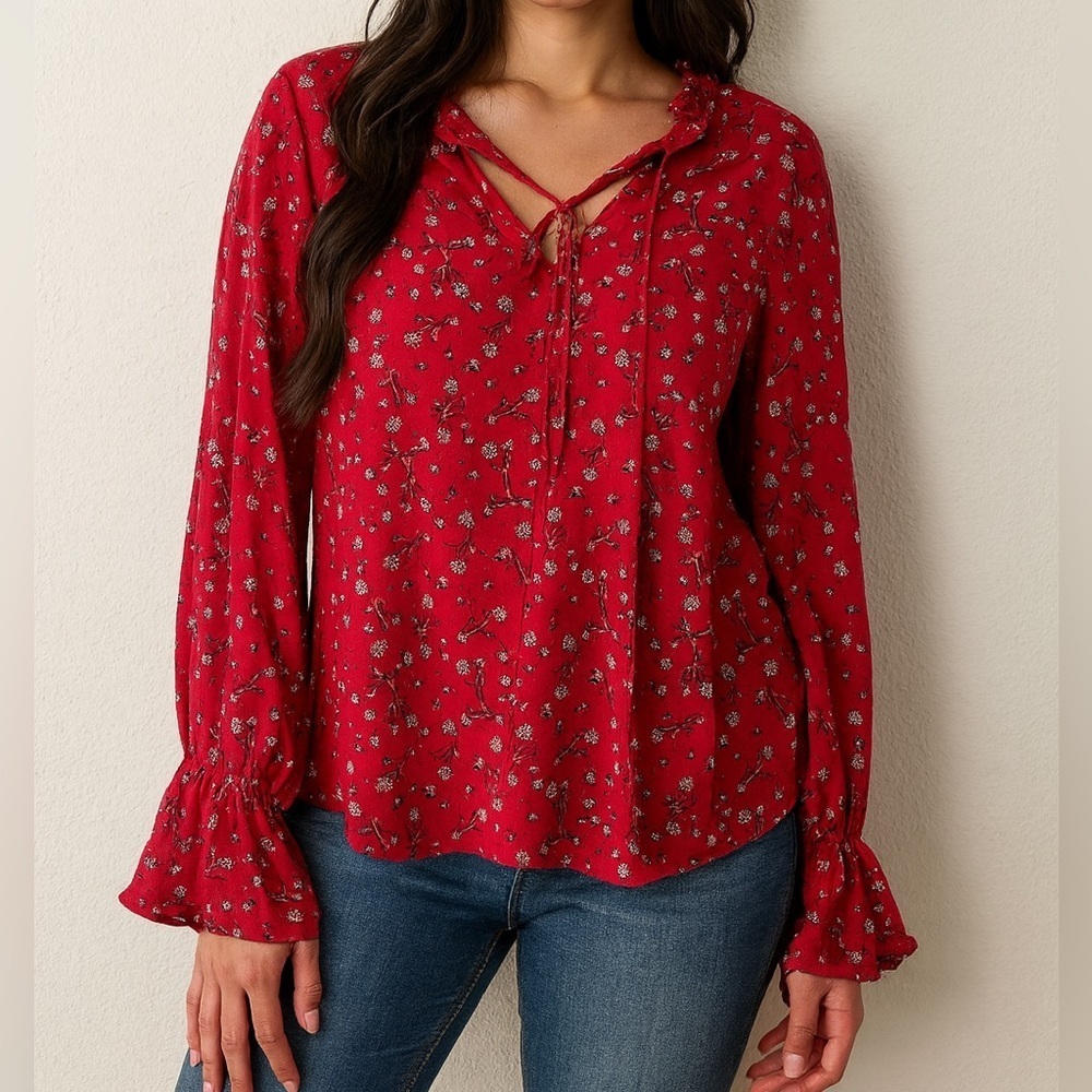Cleobella | Women's Red Floral Long Sleeve Tie Front Top Size Small